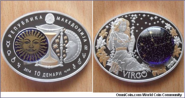 10 Denars - Zodiac sign Virgo - 21 g 0.925 silver Proof (with cobalt insert) - mintage 7,000