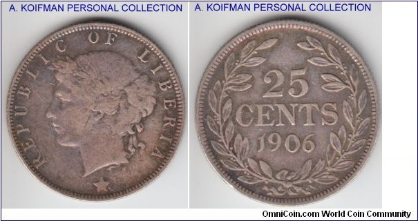 KM-8, 1906 Liberia 25 cents, Heaton mint (H mint mark), silver, reeded edge; fine or so, reverse is quite nice, small mintage of just 34,000 pieces.