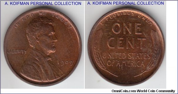 KM-132, 1909 Unites States of America cent, VDB; bronze, plain edge; Wheat reverse, intence red-brown, nice uncirculated grade.