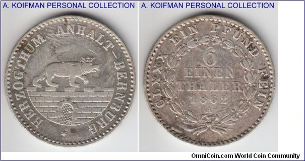 KM-87, 1862 German States Anhalt-Barnburg 1/6 thaler, Belin mint (A mint mark); silver, GOT ~*~ SEGNE ~*~ ANHALT ~*~ on edge; fine plus to very fine, cleaned and edge mount removed, mintage 60,000.