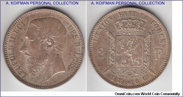 KM-30.2, 1866 Belgium 2 francs; silver, reeded edge; without crown on the crown or rather almost invisible cross, faint trace, extra fine or about.