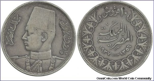 Egypt-Kingdom 10 Piastres AH1356-1937