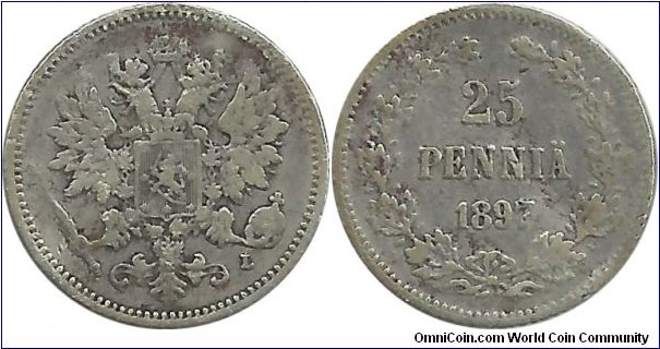 Finland-Grand Duchy 25 Pennia 1897L