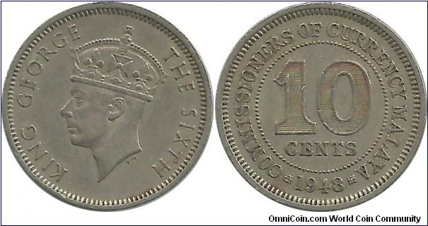 Malaya 10 Cents 1948