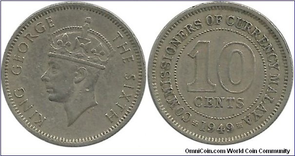 Malaya 10 Cents 1949