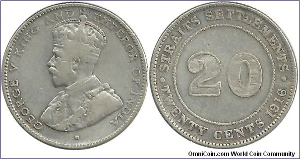 StraitsSettlements 20 Cents 1916
