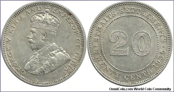 StraitsSettlements 20 Cents 1935