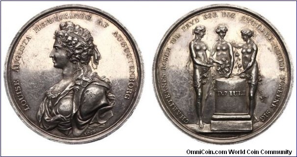 1786 Denmark Louise Augusta (1771-1843) Silver Medal by Daniel Friedrich Loos. Silver: 42MM./27.52 gms.
Obv: Bust of Louise Augusta to right. Legend LOUISE AUGUSTA HERTUGINDE AF AUGUSTENBORG. Signe LOOS. Rev: The Three Graces at altar inscribed with her date of birth. Legend CHARITERNES ROSER TLI.PRYD FOR DIG CHTHERE FORKENE SIG. Louise Auguste of Denmark, officially daughter of King Christian VII and Queen Mathilde, but accepted that her natural father was Johann Friedrich Struensee, royal physician and at the time of her birth. Regent in all but name. At the age of 14 she was married to the 20 year old Duke Frederich Christian II at Christianborg Castle.
