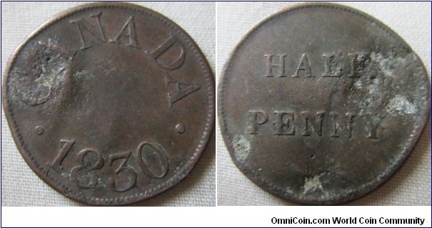 James Duncan & co halfpenny 1830, badly damaged but clear.