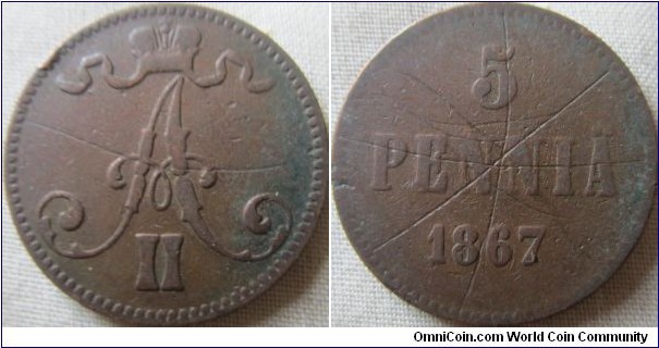 1867 5 pennia, low grade with scratches on both sides