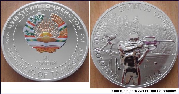 50 Somoni - Sotchi Olympic Games - Biathlon - 31.1 g 0.925 silver Proof - mintage 5,000