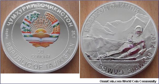50 Somoni - Sotchi Olympic Games - Slalom - 31.1 g 0.925 silver Proof - mintage 5,000