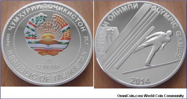 50 Somoni - Sotchi Olympic Games - Ski jumping - 31.1 g 0.925 silver Proof - mintage 5,000