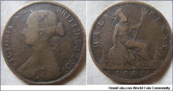 1861 halfpenny, fair grade