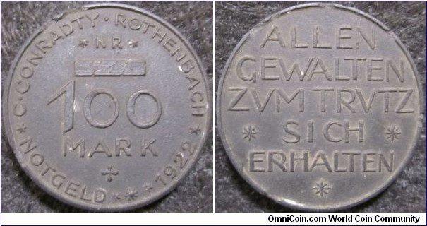 6C These Carbon coins are made of compressed coal dust by the C. Conradty factory, which made carbon electrodes for arc lamps.  They are surprisingly hard and not crumbly, most likely due to whatever binder is used.  This coin is about 35mm diameter and 5mm thick. During post-WWI German hyperinflation, and due to metal shortages and coin hoarding, Notgeld (