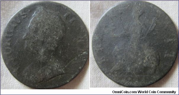 very worn George II halfpenny