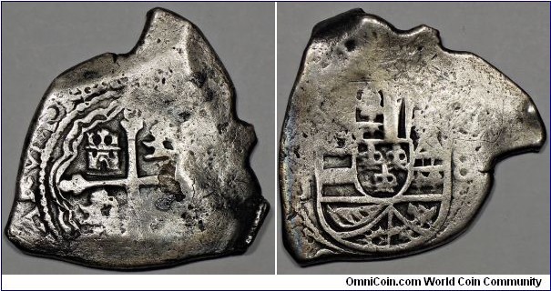 Spanish colonial, Mexico, Philip V, silver cob 8 Reales, ND(1713-1715 AD). Mexico city mint. Assayer J. 26.06g, 38.69~40.40mm, Silver. Treasure Fleet of 31th July 1715 AD (Plate Fleet Wreck), north of Sebastian Inlet, Florida.