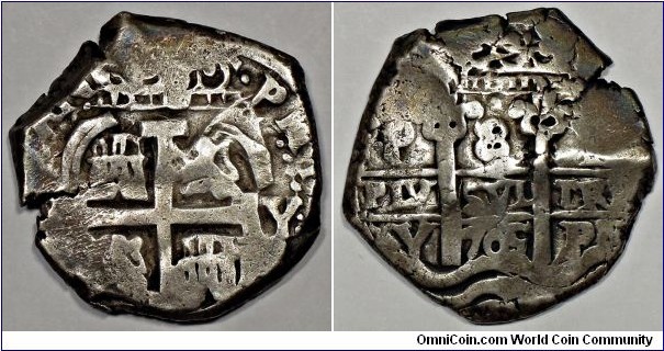Spanish colonial, Bolivia, Potosi, Philip V, silver cob 8 reales, 1705 AD. 26.86g, 32.73~34.68mm, 91.7% silver. Mint mark: P. Assayer: Y. Calbeto# 1134, KM# 31. Nearly very fine.