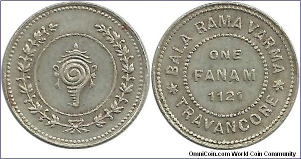 India-PrincelyStates-Travancore 1 Fanam ME1121(1944)