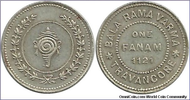 India-PrincelyStates-Travancore 1 Fanam ME1121(1944)