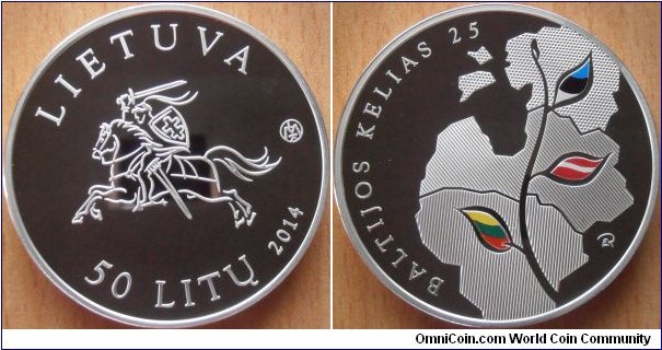 50 Litas - 25 years of Baltic way - 28.28 g 0.925 silver Proof - mintage 4,000