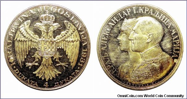 YUGOSLAVIA (KINGDOM)~4 Dukata 1931. Under King: Alexander and Queen: Maria *RARE*