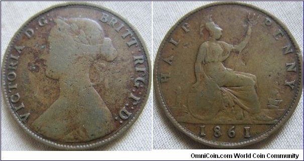 1861 4+E halfpenny rated R14 by Freeman, broken E and F