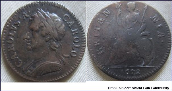 VF 1672 farthing, First A over another A or possibly an N.