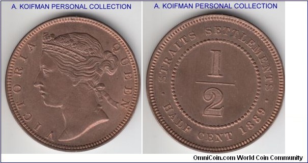 KM-15, 1889 Straits Settlements 1/2 cent; bronze, plain edge; red uncirculated, struck with the freshly cleaned dies, significant striations, but only in the fields, not on the raised surfaces, very nice looking.