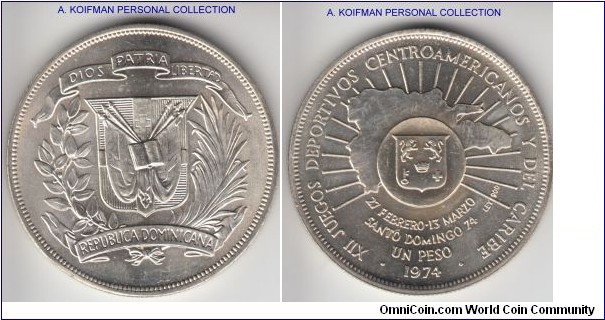 KM-35, 1974 Dominican Republic peso; silver, reeded edge; uncirculated, commemorative issue for 12'th Central American and Caribbean Games, mintage 50,000.