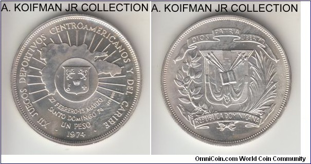 KM-35, 1974 Dominican Republic peso; silver, reeded edge; uncirculated, commemorative issue for 12'th Central American and Caribbean Games, mintage 50,000.