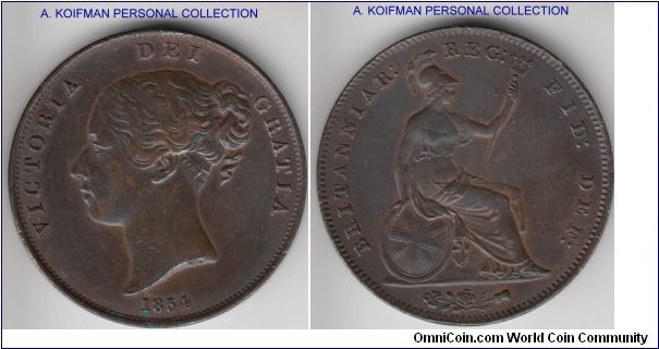 KM-739, 1854 Great Britain penny; copper, plain edge; a bit edgy, corrosion spot and cleaned, extra fine details, ornamented trident variety.