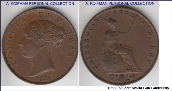 KM-726, 1838 Great Brtain 1/2 penny; copper, plain edge; first year of the type, small mintage of just 457,000, nice light brown good very fine to extra fine coin.