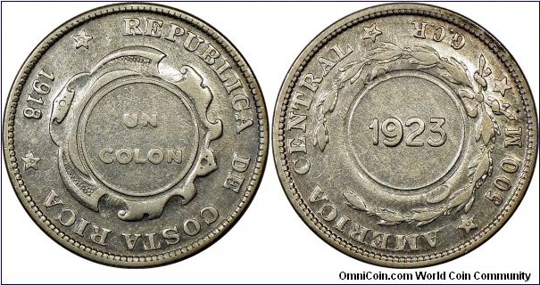 Counterstamped coin, Costa Rica, Colon, Type IX, 1923 (Counterstamped date), 1918 GCR (Host date); Counterstamped on 50 Centavos, KM# 112. KM# 165. 9.79g, 29.4mm, Silver. Dipped. 