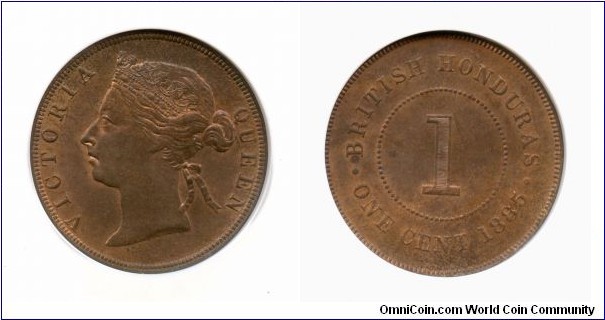 KM-6, 1885 British Honduras cent; bronze, plain edge; NGC graded MS 63 RB, good specimen, mintage just 72,000.
