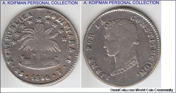KM-121.2, 1856 Bolivia 2 soles, Potosi mint (PTS mint mark in monogram); silver, reeded edge; fine or so, well worn but scarcer year.