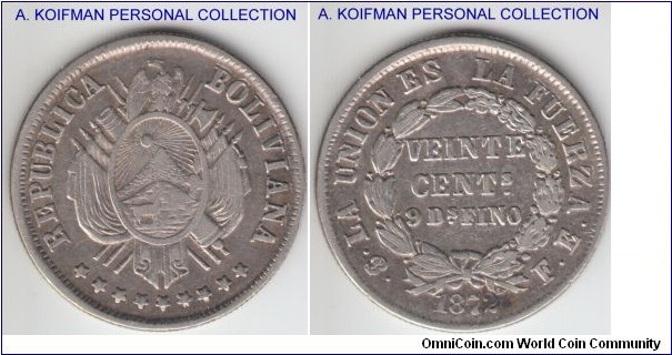 KM-159.1, 1872 Bolivia 20 centavos, Potosi mint (PTS mintmark in monogram), FE essayer initials; silver, reeded edge; first year of the new type mintage, scarce, very fine; 90° die rotation.