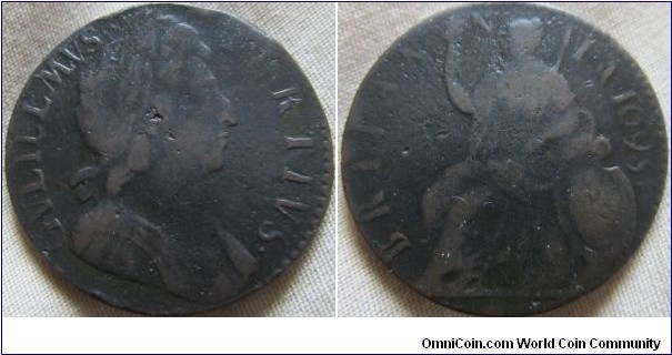 1698 halfpenny, date in legend, fair to fine, weak strike