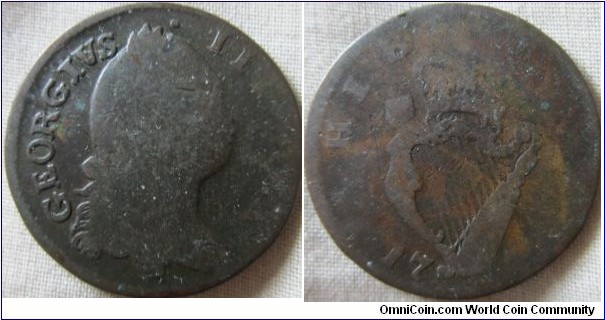 low grade irish Halfpenny, last numbers of date worn away but probably 1760's