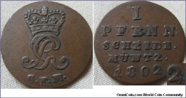 1802 over 1801 1 pfennig BRUNSWICK-HANNOVER VF grade