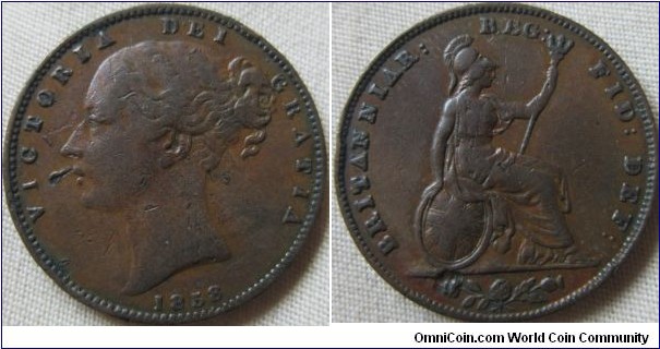 1858 small date farthing, rare few deep gashes on obverse
