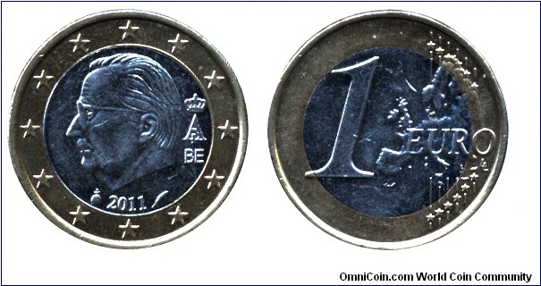 Belgium, 1 euro, 2011, Ni-Brass-Cu-Ni, bi-metallic, 23.25mm, 7.5g, King Albert II, Complete Europe map.