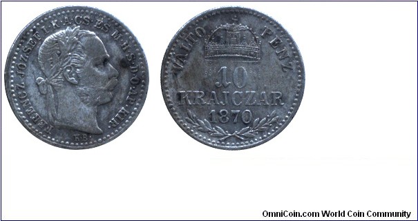 Hungary, 10 krajczar, 1870, Ag, 1.66g, MM: KB (Körmöcbánya), King Franz Joseph I, Holy Crown of Hungary.
