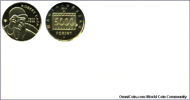 Hungary, 5000 forint, 2013, Au, 11mm, 0.5g, 100th Anniversary of Hungarian Photographer Robert Capa (born as Endre Friedmann), 1913-1954.