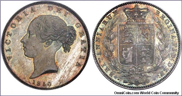 Absolutely superlative 1850 Young Head half crown. Mintage only 485,000. Most likely finest known. Graded NGC MS67! Next finest at NGC is MS65. Highest graded at PCGS is MS62. 

Rare date in any condition, and excessively rare in gem uncirculated. I would hazard a guess that this is the finest known business strike (non-proof) of any young head half crown in existence. Finding any young head halfcrown in uncirculated is difficult even for the high mintage dates of 1844, 1845, 1846 (over 1,000,000 to 2,500,000).
