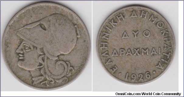 Greece 1926 AYO APAXMAI  2 Drachmai
