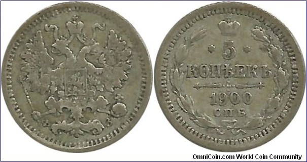 Russia-Empire 5 Kopeks 1900 (Tsar Nicholas II)