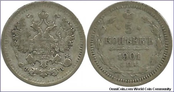 Russia-Empire 5 Kopeks 1901 (Tsar Nicholas II)