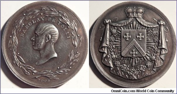 AR Medallion in Honor of Count Barclay De Tolli. A decorated general field marshal who commanded russian forces at the beginning of the Patriotic war of 1812. Berlin, 1815 Daniel Friedrich Loos.