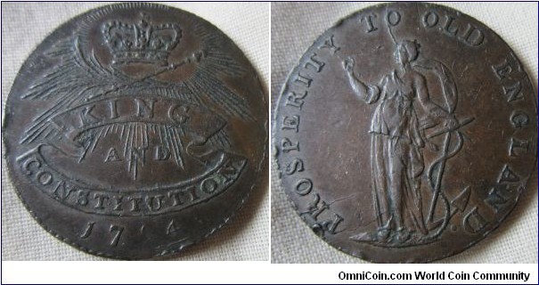 unknown halfpenny token,King and constitution and Prosperity to old England